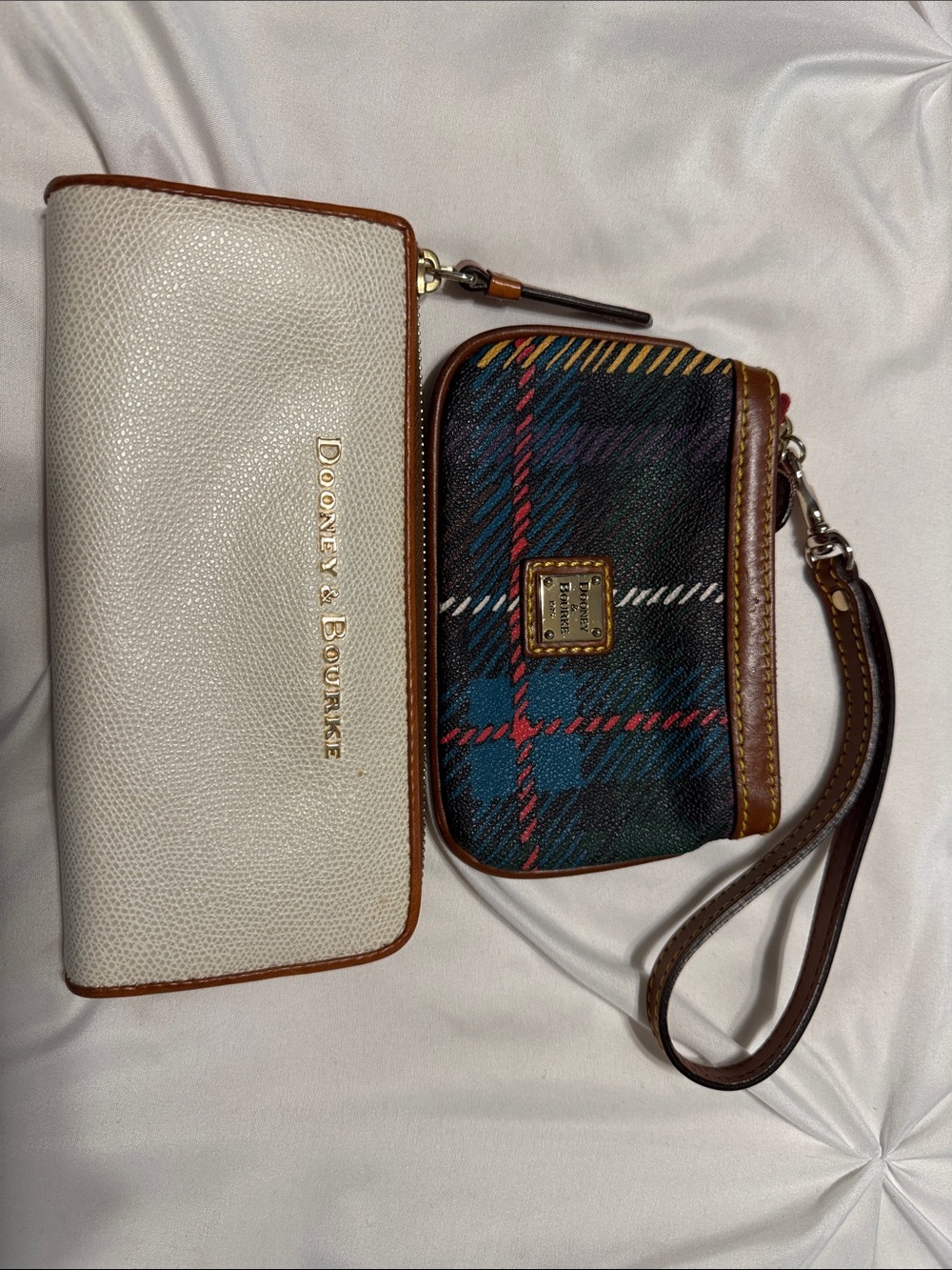 Dooney & Bourke White Pebbled Leather Wallet & Plaid Canvas/Leather Wristlet